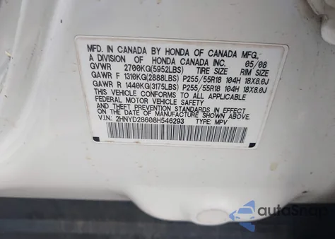 2008 Acura Mdx Technology Package z USA, uszkodzony, nr VIN 2HNYD28608H546293